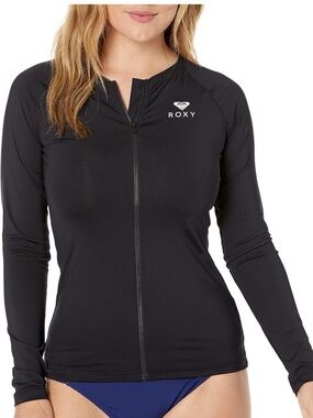 Roxy Women’s Black Full Zip-Front Long Sleeve Rash Guard, XL